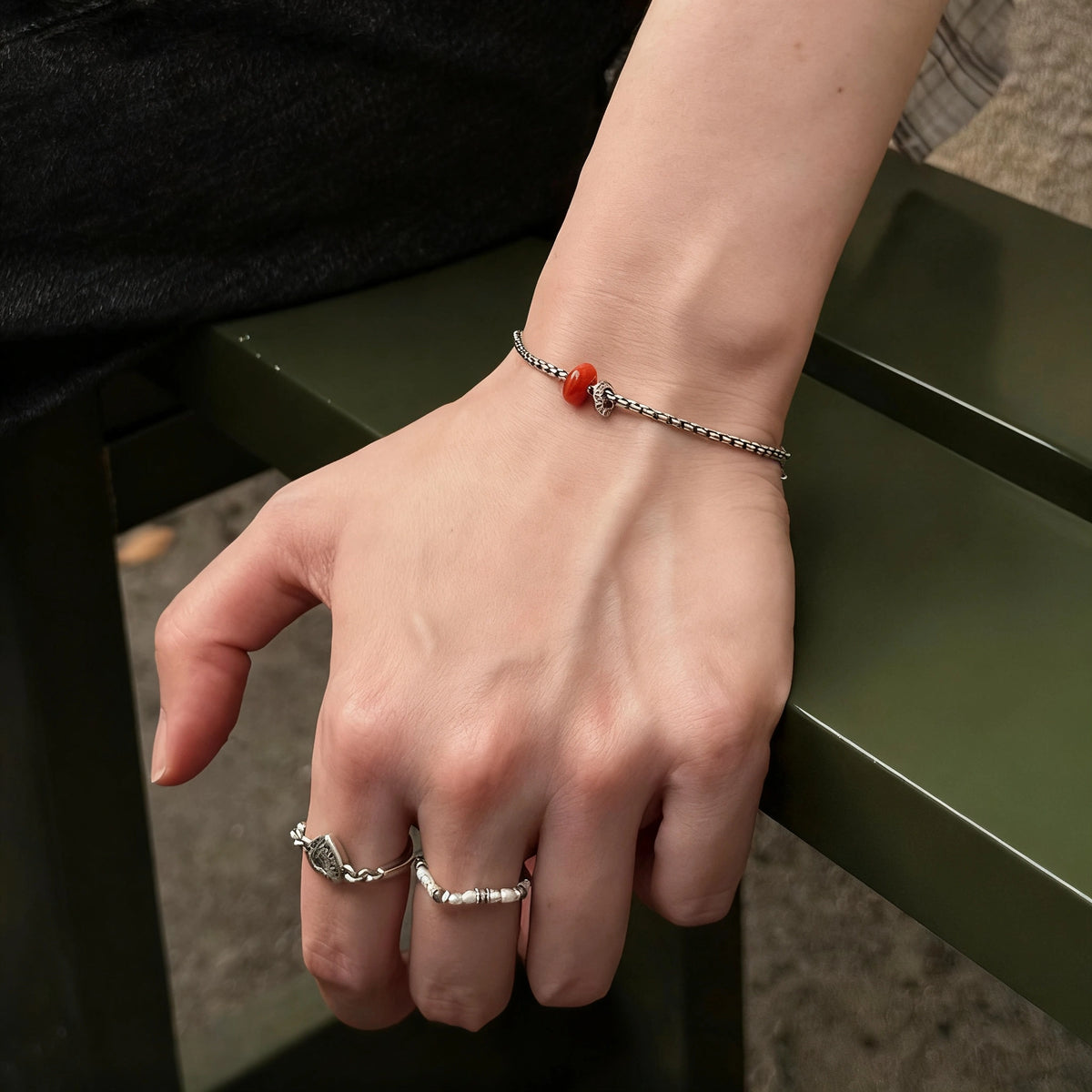 Red Begonia Silver Couple Bracelet - Handmade Vintage Statement Jewelry