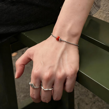 Red Begonia Silver Couple Bracelet - Handmade Vintage Statement Jewelry